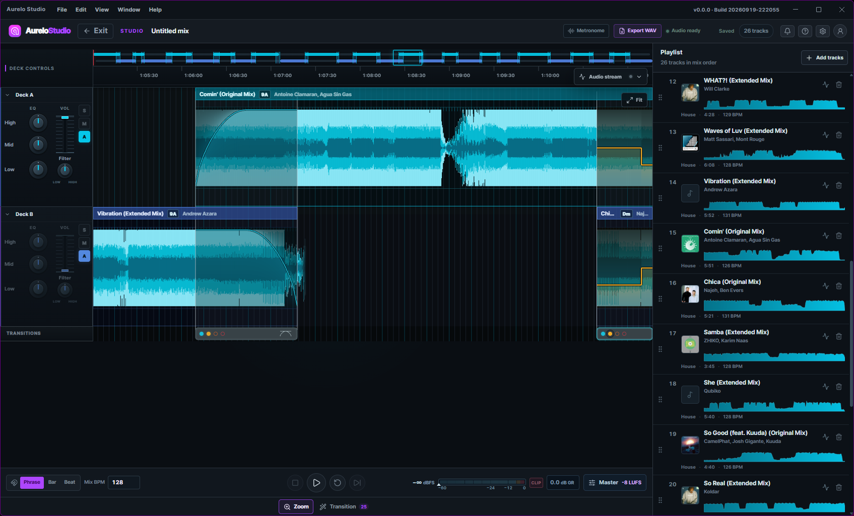 Aurelo Studio in development, showing two decks with cyan audio waveforms, transition curves, deck controls and a track playlist.